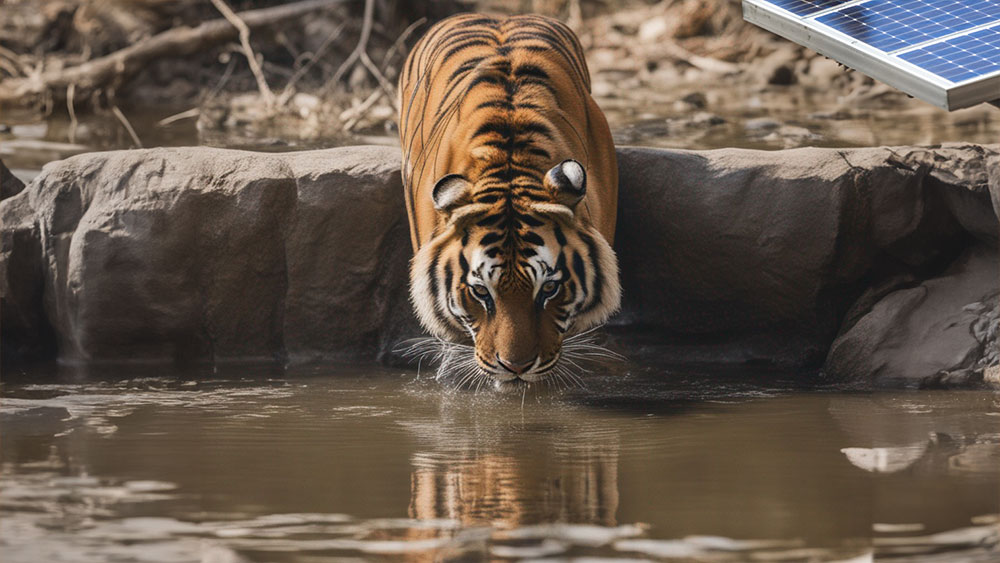 Tiger drinking from a solar powered well